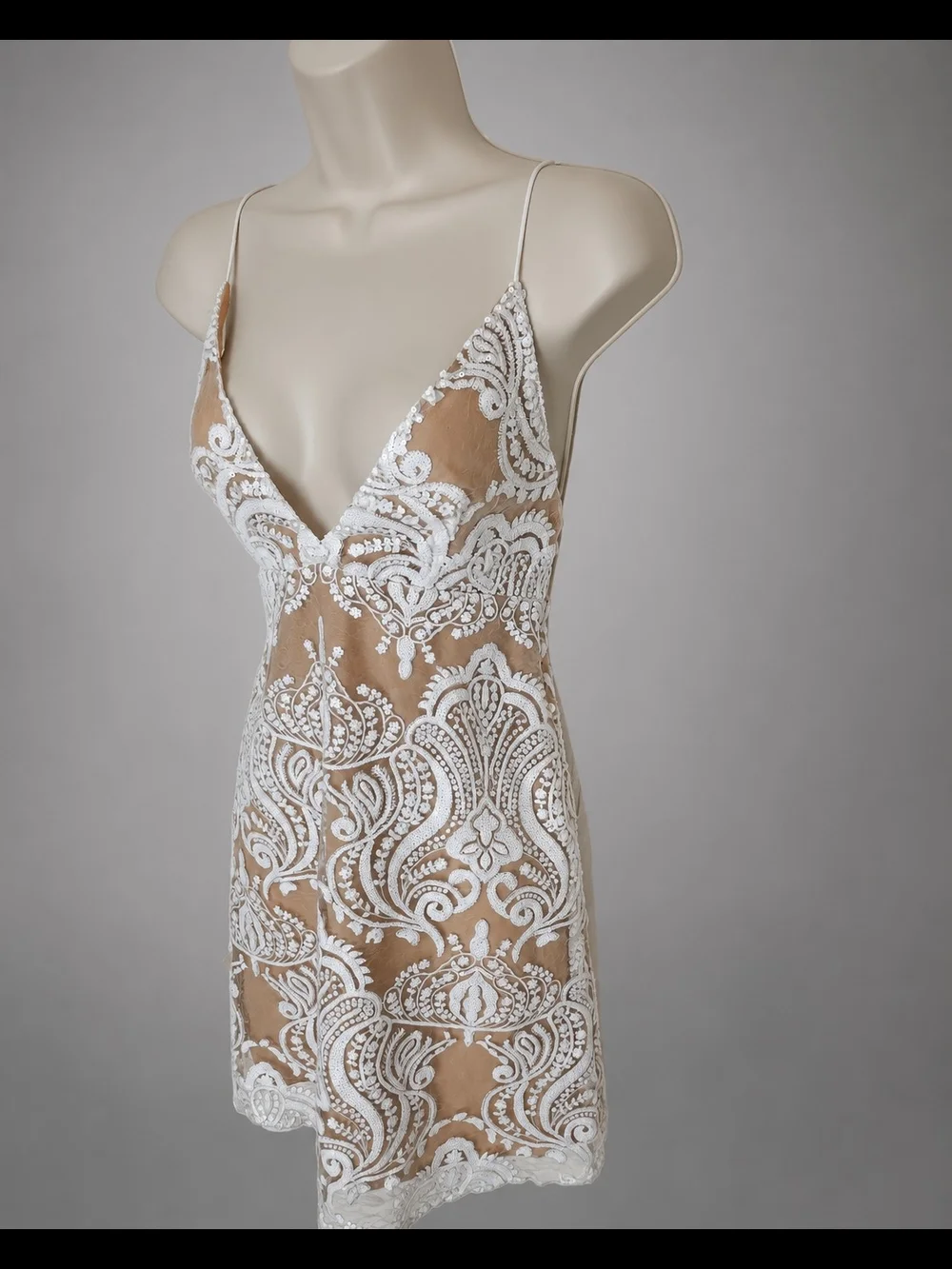 Free People Womens Nude White Lace Overlay V-Neck Boho Mini Dress Size 0 - Picture 5 of 9
